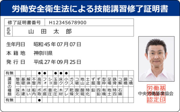 技能講習修了証明書