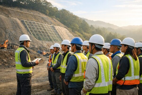 建設現場の朝礼風景