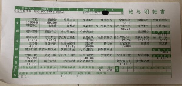 給料明細平成5年6月