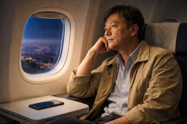 思いにふけるおじさん