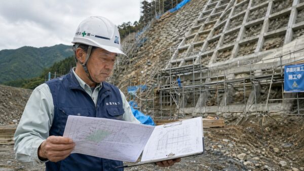 地質調査報告書と法枠の設計図を現場で見比べるベテラン法面技術者