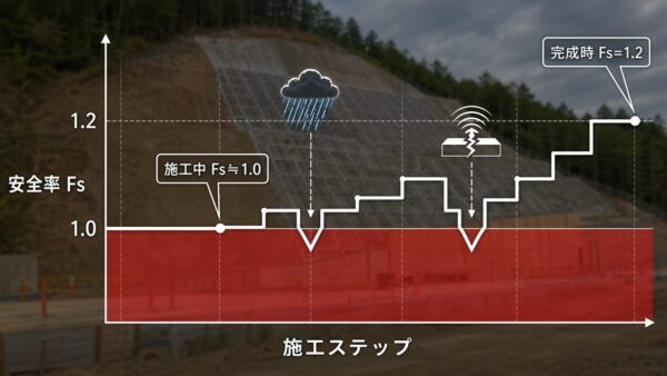 法面の安全率Fsが施工ステップに沿って上昇していく折れ線グラフ