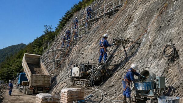 法面現場で削孔機を操作する職人と、その横でグラウト練りをする補助員、上の方で足場を組む職人