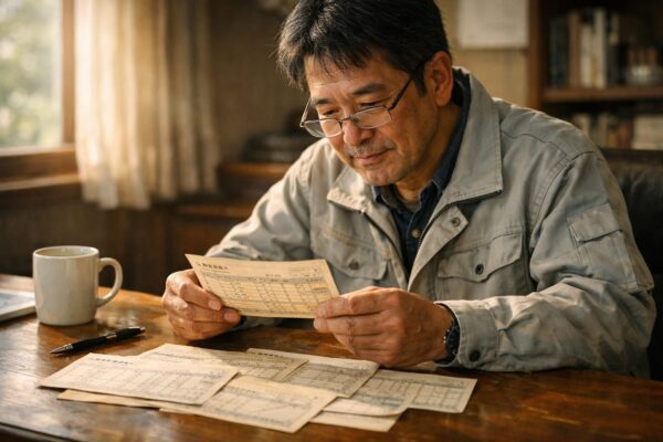 古い紙の給与明細を机に広げ、老眼鏡をかけた50歳くらいの作業着姿の男性