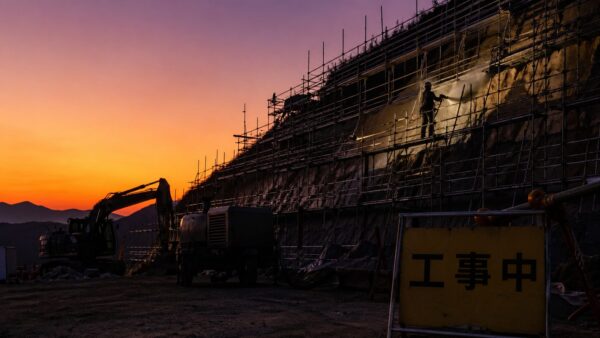 夕暮れの公共工事現場