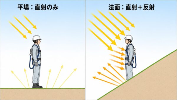 平地と法面との反射の差
