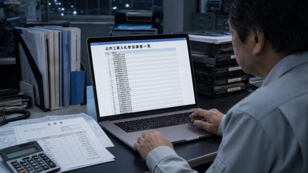 画面を見つめる中年経営者の手元と、机の上に置かれた電卓・見積書