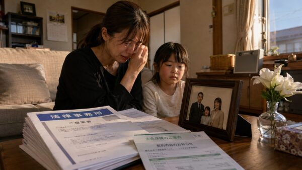 家族写真の前に座って涙を流す妻と幼い子ども