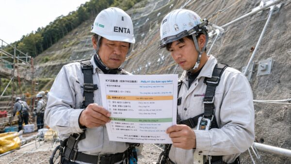 日本人職長と外国人実習生（ベトナム人風）が並んで墜落制止用器具を装着し、母国語のKY資料を見ながら朝礼で確認している様子