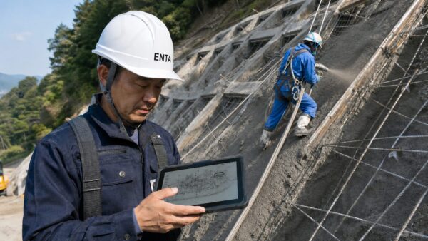 日本人現場監督が、タブレットで施工図面を確認