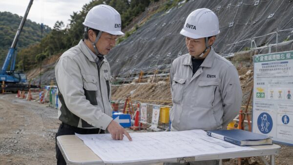 作業前の打ち合わせで、現場代理人が無口な若手職人に対し、図面を指差しながら一対一で短く確認している
