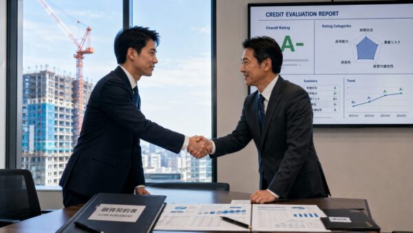 銀行マンとゼネコン経理担当者が応接室で握手をしている