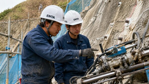 3号技能実習生が日本人後輩に削孔機の使い方を教えている