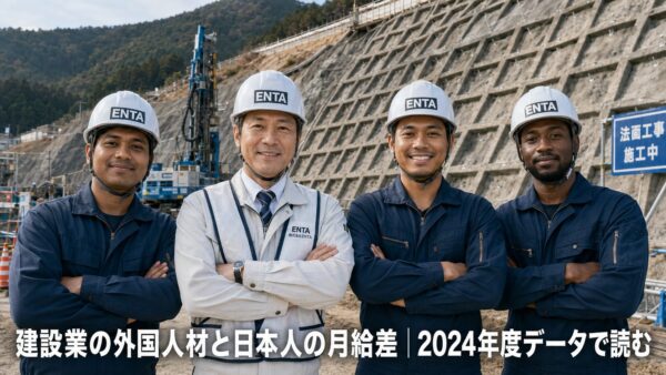 本の山間部の法面現場。日本人現場監督と外国人技能実習生・特定技能の作業員