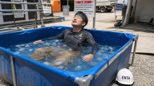 水風呂に入る作業員