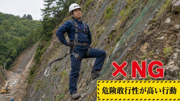 急傾斜の法面の中腹で命綱（ランヤード）を付けずに立っている作業員