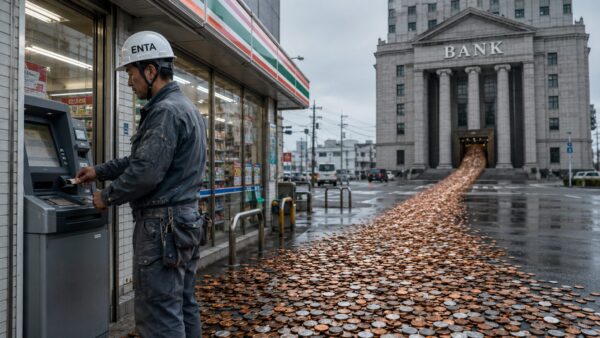 手数料が奥に立つ巨大な銀行ビルに吸い込まれていく構図