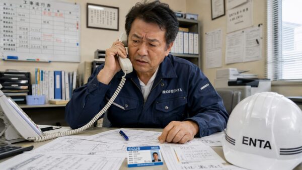 事務所デスクで電話を受けながら眉間にシワを寄せる50代の日本人　法面専門の建設会社経営者