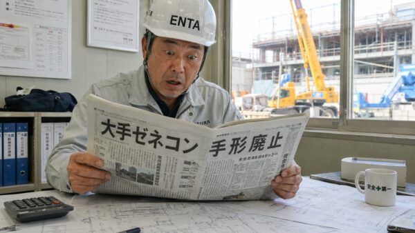 大手ゼネコン 手形廃止」の見出しを驚いた表情