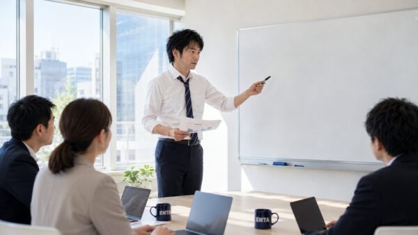 同じ会社員が会議室で資料を手にプレゼンしている、達成感