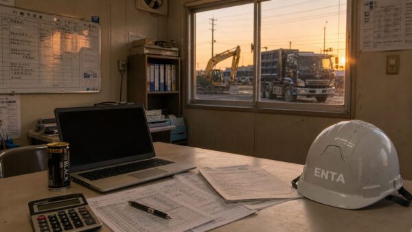夕方の小さな建設会社の事務所内