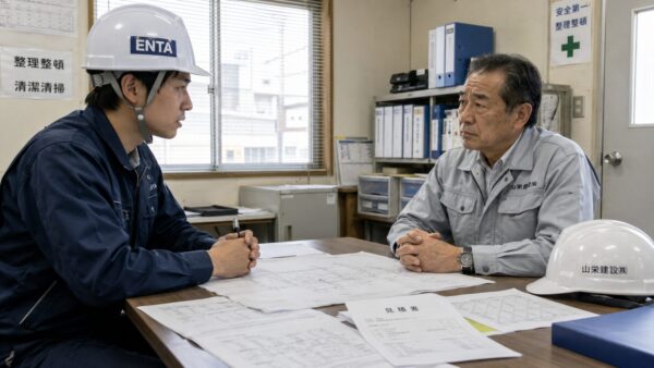 現場事務所の打ち合わせテーブルを挟んで、若い現場監督と年配の下請会社社長が向かい合って打ち合わせをしている
