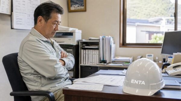 小規模な建設会社の事務所。経営者の中年男性が机に向かい、資金繰り表らしき書類を前に腕を組んで考え込んでいる