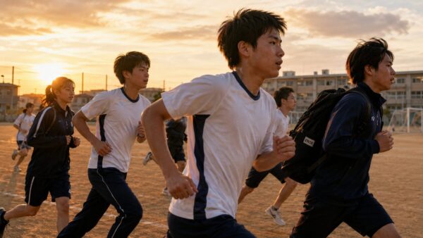 部活で校庭を走る、または運動している高校生たち。汗をかいて頑張っている