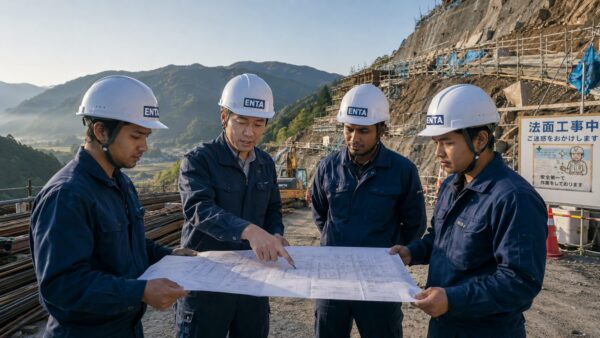 現場で朝礼する日本人と技能実習生