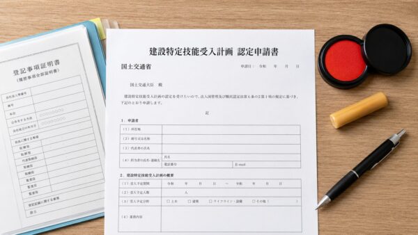 「建設特定技能受入計画」の認定書類が机上に置かれ、ハンコと書類が並ぶシーン