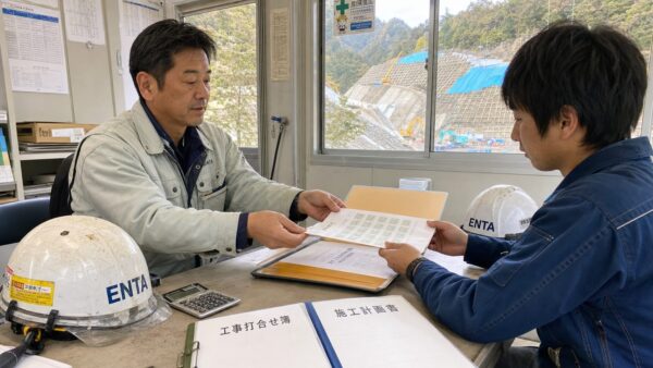 建設業退職金共済の共済証紙を入れたファイルを開きながら、若手の下請現場担当者に証紙を手渡している