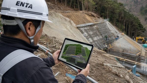 現場監督がタブレット画面に表示された3DのBIM/CIMモデルを現場で確認している
