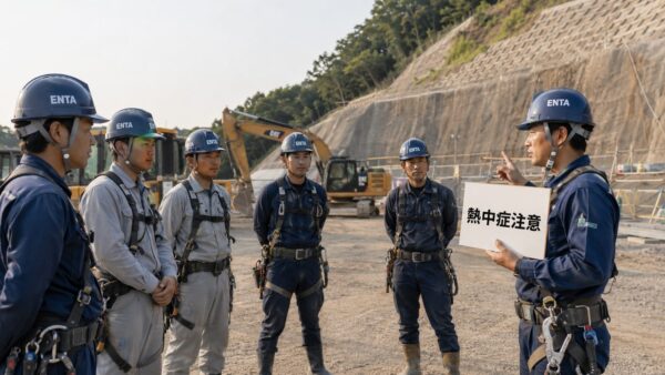 朝礼で熱中症対策を周知する建設現場