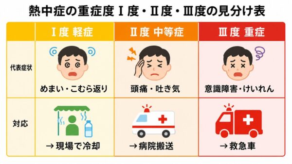 熱中症の重症度Ⅰ度・Ⅱ度・Ⅲ度の見分け表