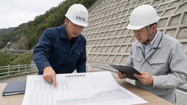 竣工検査で出来形管理図表を前に説明する現場監督と検査官