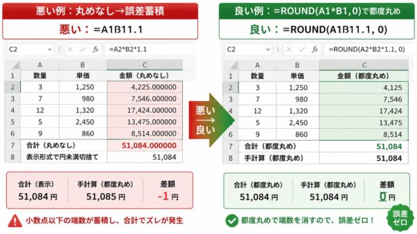 ROUND関数で都度丸めて端数を消す正しいやり方｜金額計算の手順