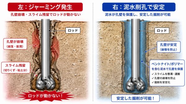 ジャーミング発生の機構と泥水削孔対策|ベントナイト・ポリマー添加