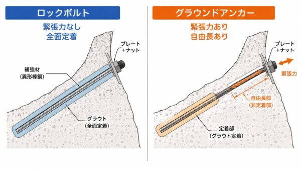 ロックボルトとグラウンドアンカーの違い比較図