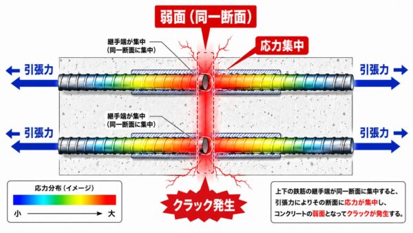 [挿絵指示4：イモ継手で同一断面に応力集中する機構図｜引張力の流れと弱面] 画像タイプ：図解（応力分布）／横長 16:9 内容：鉄筋に引張力が掛かった時の応力の流れ 含める要素：鉄筋を引っ張る矢印、継手部分で応力が集中して赤色で強調、その断面が「弱面」として強調表示 文字要素：「引張力 →」「応力集中」「弱面（同一断面）」「クラック発生」（漢字を正確に） 色調：白背景＋応力分布はグラデーション（青→赤） 構図：左から右への力の流れ