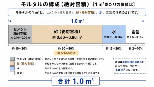 モルタル1m³の構成要素を体積比で示す棒グラフ