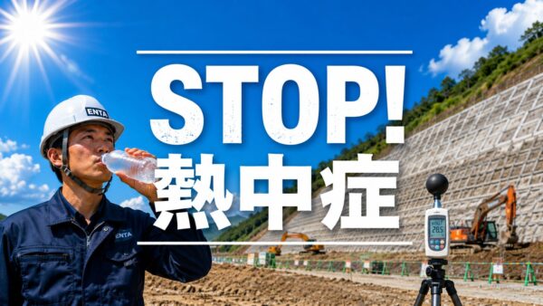 真夏の法面現場で水分補給する作業員と暑さ指数計
