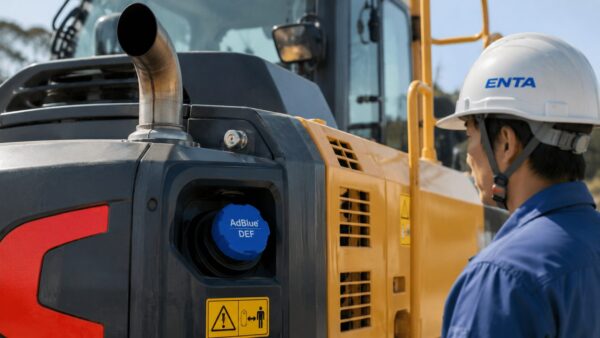 第4次基準対応のディーゼル建機の後部から伸びるマフラーと、AdBlue