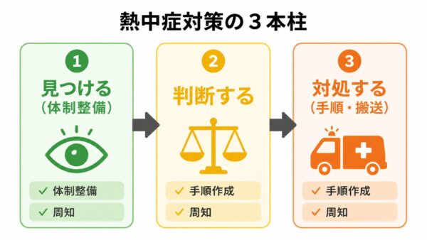 熱中症対策の3本柱（見つける・判断する・対処する）