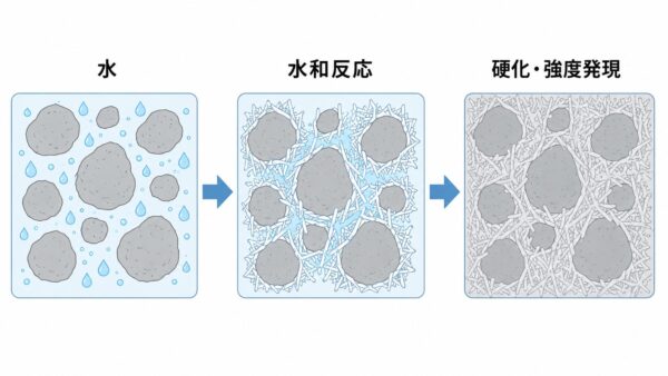 セメントと水が反応して固まる仕組みを表した概念図