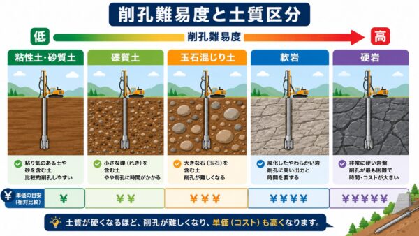 グラウンドアンカー削孔 土質5区分と単価の違いを示す比較図