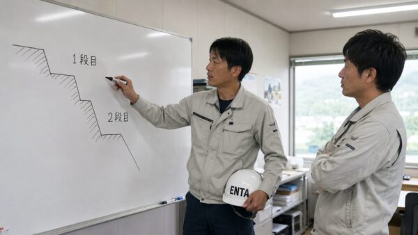 法面現場の詰所での打合せ
