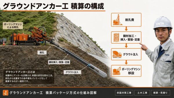 グラウンドアンカー削孔 積算パッケージ方式の仕組み図解