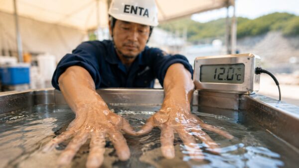手を水冷に付ける作業員 AVA効果
