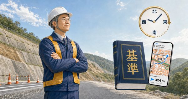 現場に立つ技術者と基準書・方位・基準点ナビ画面のイラスト