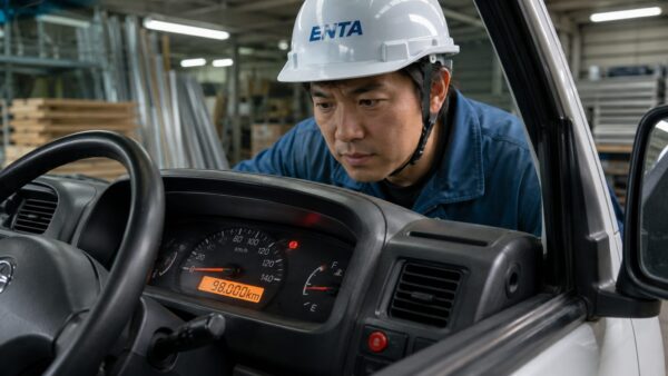 走行距離計と点検中の社用車
